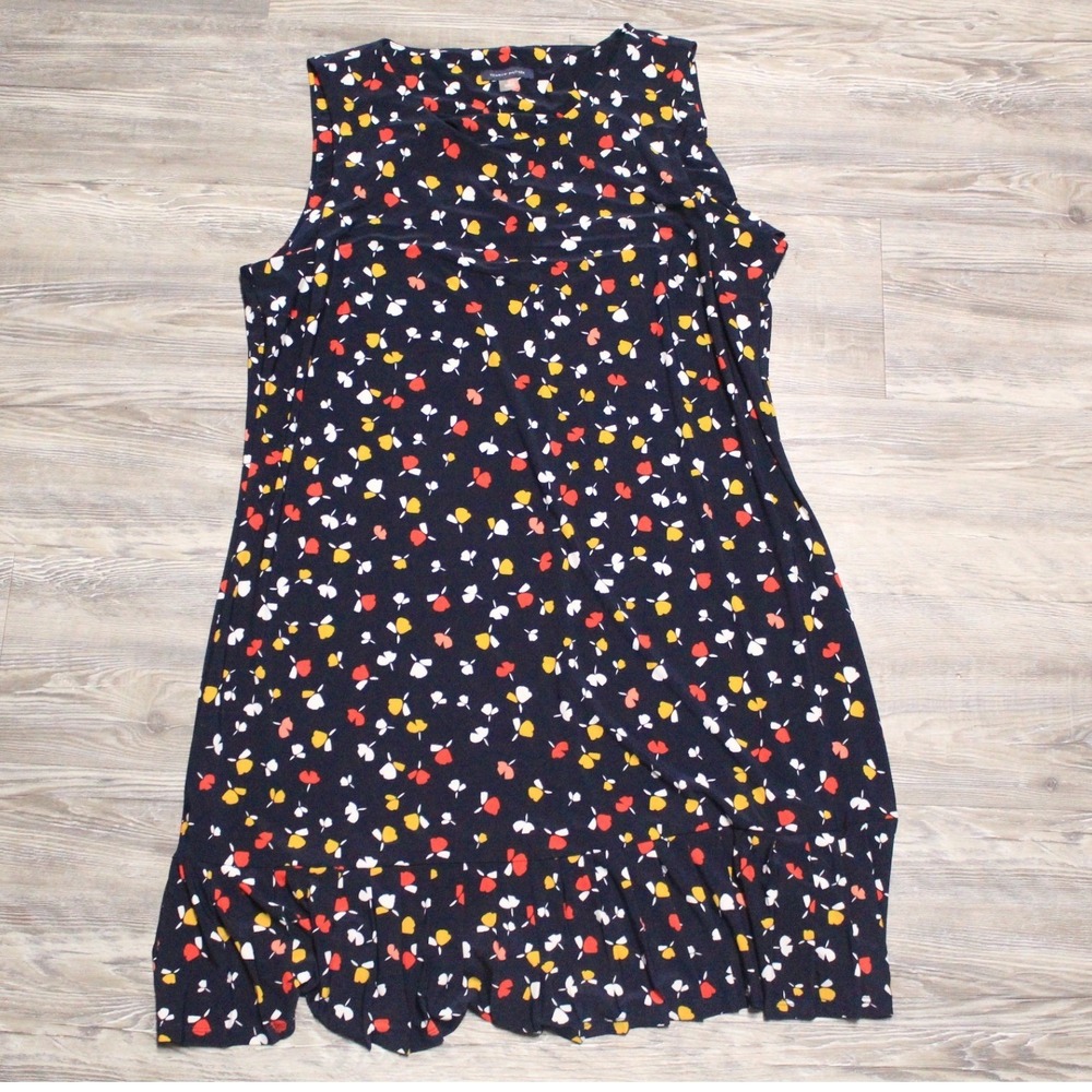 Tommy Hilfiger Shift Dress Women's Sz 16 Navy Blue Floral Ginkgo Leaf Ruffle Hem